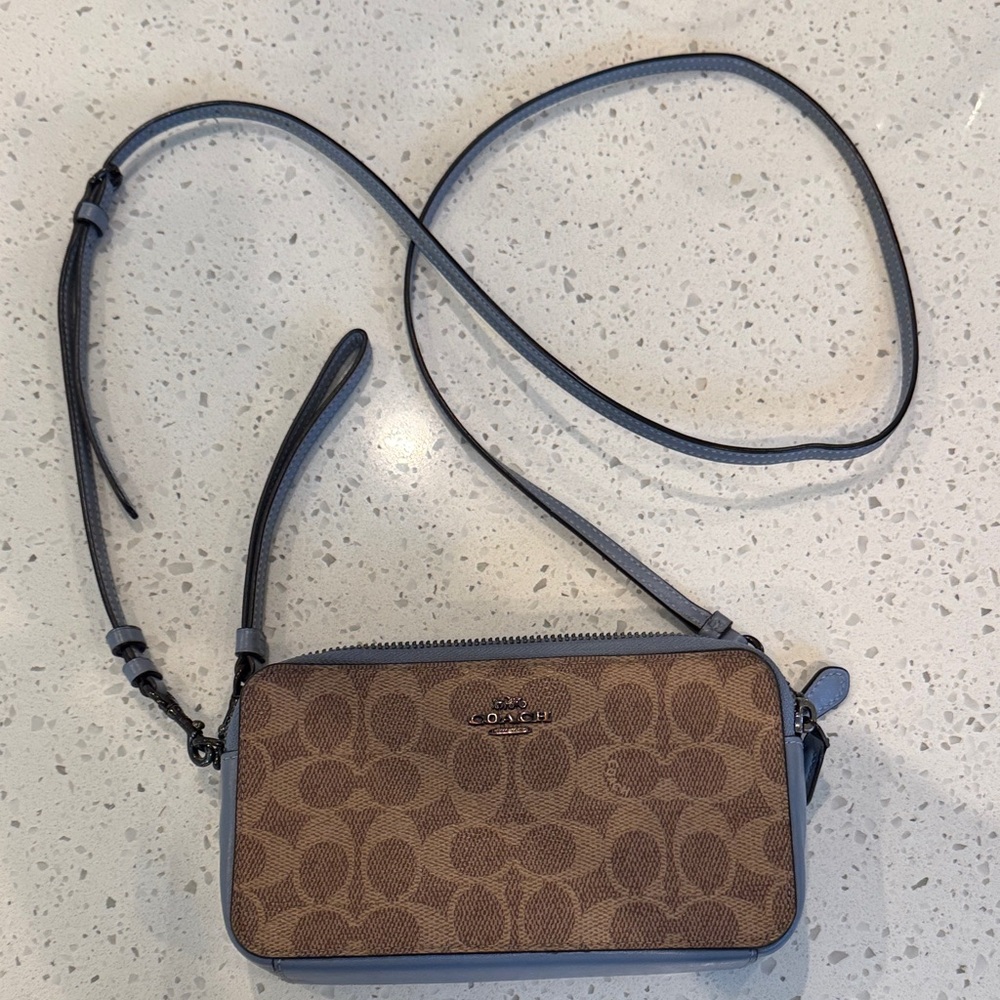 Coach Brown Signature Canvas Crossbody with Blue Trim